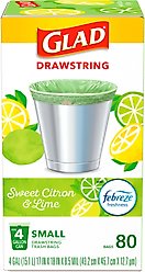 Glad Odor Shield Drawstring Trash Bags, 4-gal, 80 count, Sweet Citron & Lime Scent