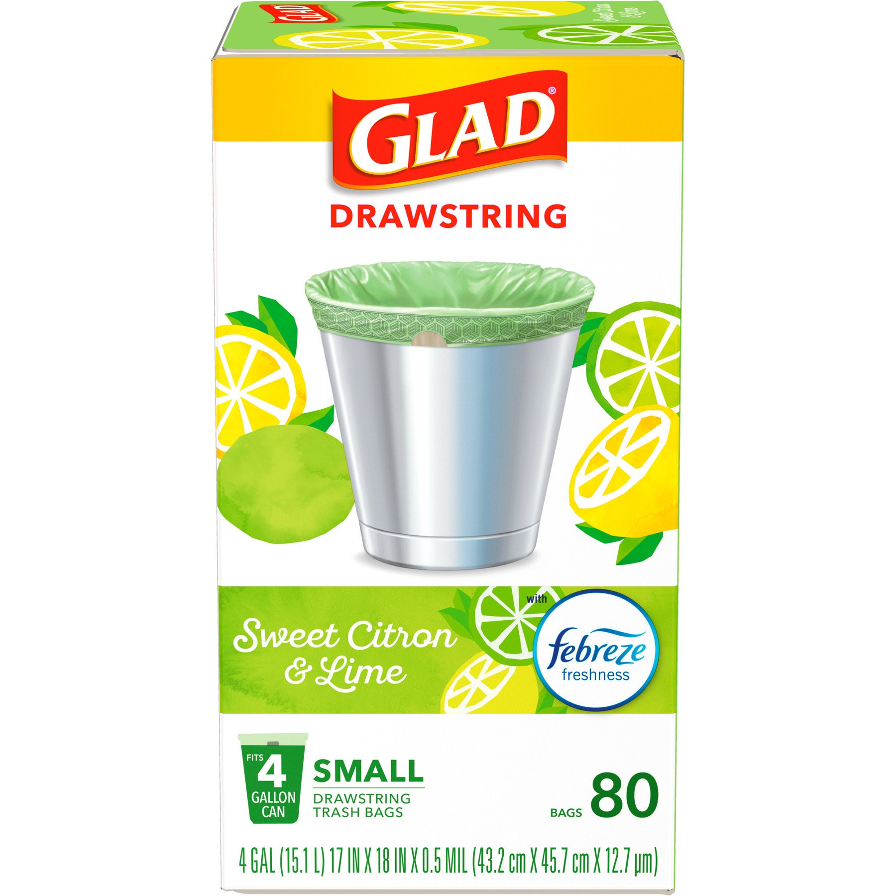 Glad Odor Shield Drawstring Trash Bags, 4-gal, 80 count, Sweet Citron & Lime Scent