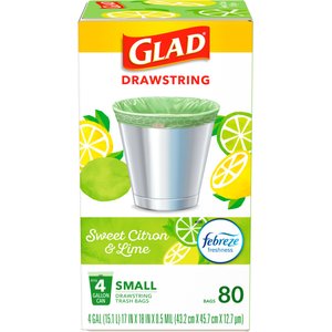 Glad Odor Shield Drawstring Trash Bags, 4-gal, 80 count, Sweet Citron & Lime Scent
