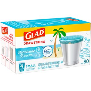 Glad Odor Shield Drawstring Trash Bags, 4-gal, 80 count, Beachside Breeze Scent