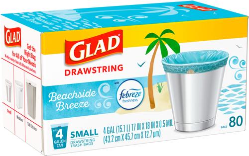 Show full view: Glad Odor Shield Drawstring Trash Bags, 4-gal, 80 count, Beachside Breeze Scent slide 2 of 10