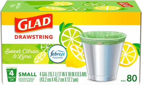 Show full view: Glad Odor Shield Drawstring Trash Bags, 4-gal, 80 count, Sweet Citron & Lime Scent slide 4 of 10