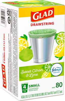 Show full view: Glad Odor Shield Drawstring Trash Bags, 4-gal, 80 count, Sweet Citron & Lime Scent slide 2 of 10
