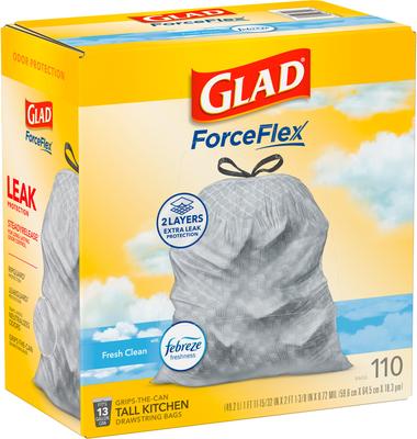 Show full view: Glad ForceFlex Odor Shield Drawstring Trash Bags, 13-gal, 110 count, Fresh Clean Scent slide 2 of 10