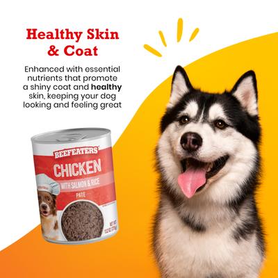 Show full view: Beefeaters Chicken with Salmon & Rice Pate Wet Dog Food, 13.2-oz can, case of 12 slide 4 of 8