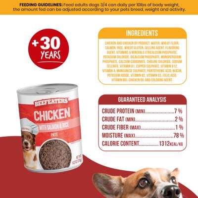Show full view: Beefeaters Chicken with Salmon & Rice Pate Wet Dog Food, 13.2-oz can, case of 12 slide 6 of 8