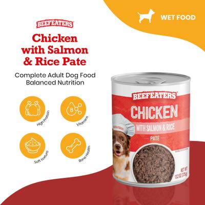 Show full view: Beefeaters Chicken with Salmon & Rice Pate Wet Dog Food, 13.2-oz can, case of 12 slide 3 of 8