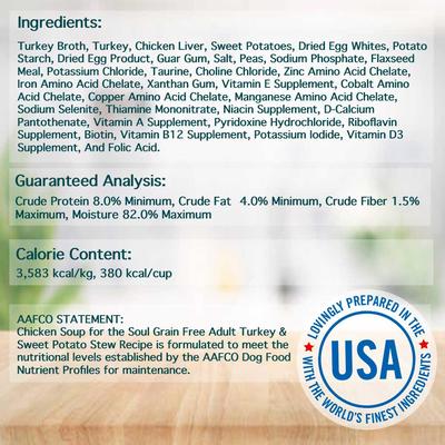 Show full view: Chicken Soup for the Soul Turkey & Sweet Potato Stew Recipe Grain-Free Canned Dog Food, 13-oz can, case of 12 slide 5 of 9