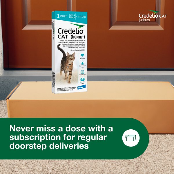 Show full view: Credelio Chewable Tablets for Cats, 4.1-17 lbs, (Teal Box), 6 Chewable Tablets (6-mos. supply) slide 6 of 9