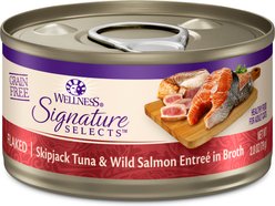 Wellness CORE Signature Selects Flaked Skipjack Tuna & Wild Salmon Entree in Broth Grain-Free Canned Cat Food, 2.8-oz, case of 12