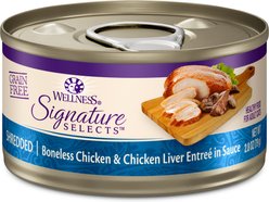 Wellness CORE Signature Selects Shredded Boneless Chicken & Chicken Liver Entree in Sauce Grain-Free Natural Canned Cat Food, 2.8-oz, case of 12