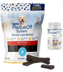 ProDen PlaqueOff Powder Dog & Cat Supplement, 60g bottle + ProDen PlaqueOff System Natural Bacon Flavored Dental Bone Dog Treats, 13 count