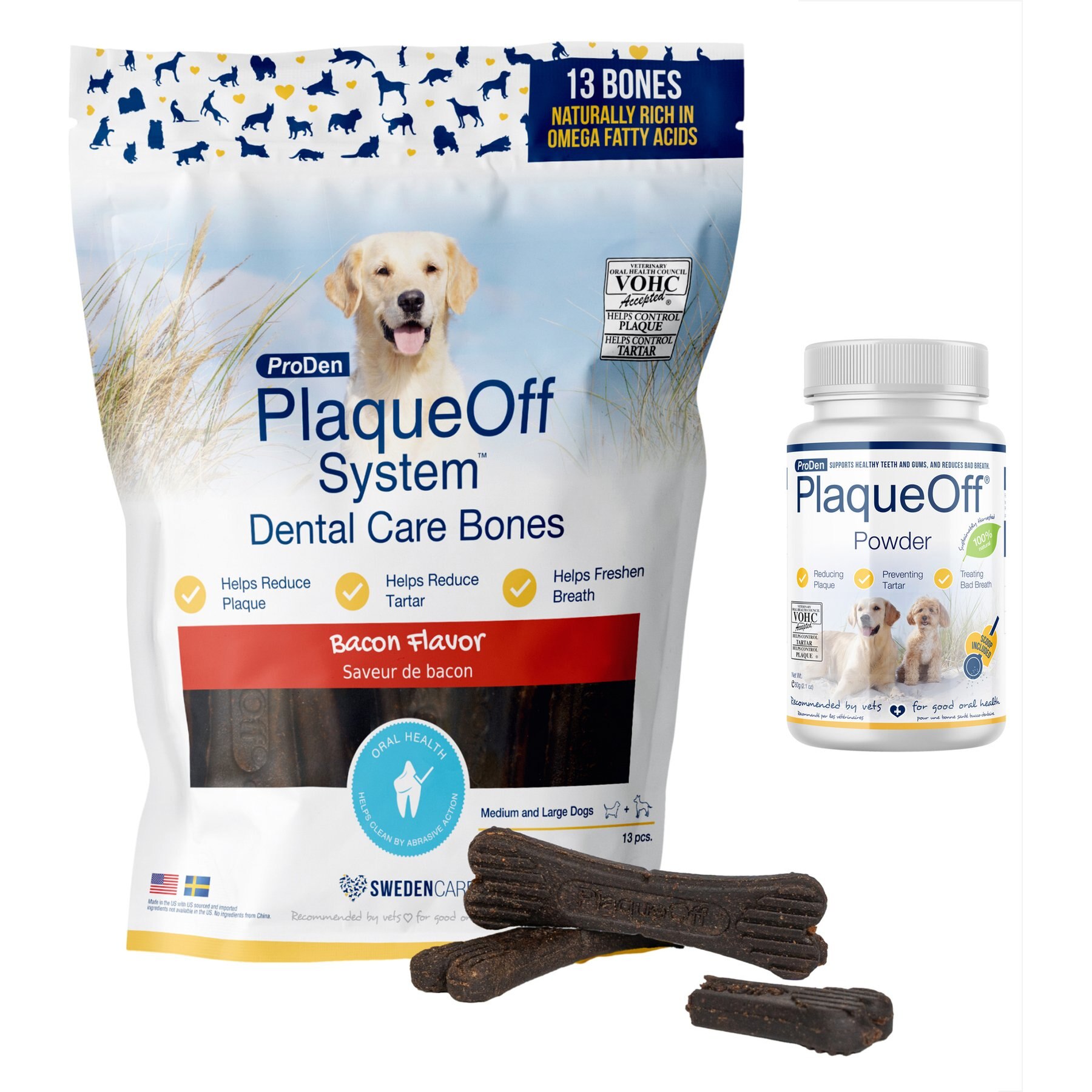ProDen PlaqueOff Powder Dog & Cat Supplement, 60g bottle + ProDen PlaqueOff System Natural Bacon Flavored Dental Bone Dog Treats, 13 count