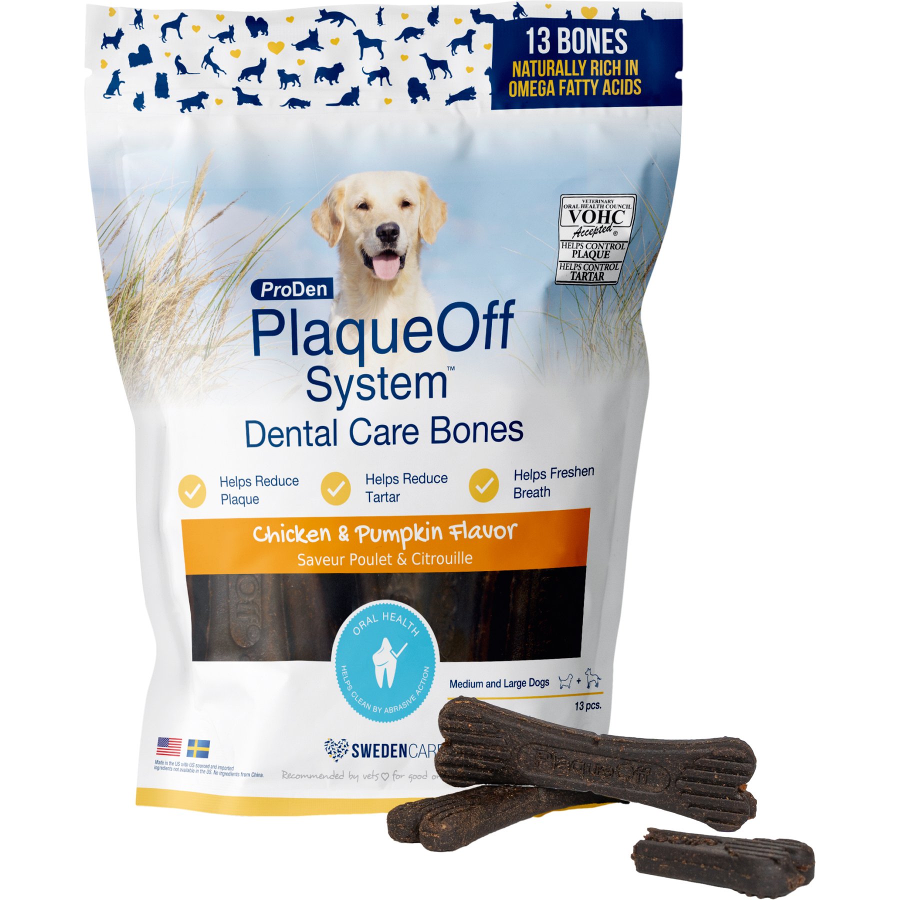 ProDen PlaqueOff System Chicken & Pumpkin Flavored Dental Bone Dog Treats, 13 count