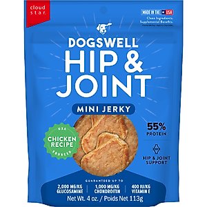 Dogswell Hip & Joint Mini Jerky Chicken Recipe Grain-Free Dog Treats, 4-oz bag
