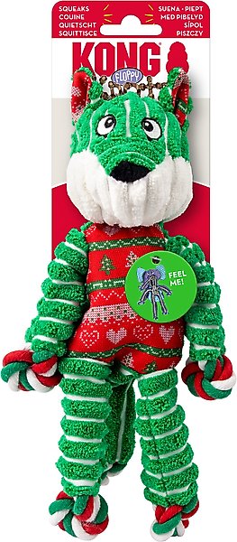 Show full view: KONG Holiday Floppy Knots Fox Plush Dog Toy, Green, Small/Medium slide 3 of 4