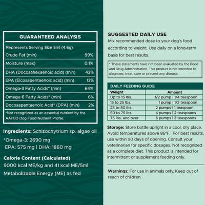 Show full view: Chew + Heal Vegan Single Ingredient EPA & DHA Omega-3 Algae Oil Skin & Coat Supplement for Dogs, 8-fl oz bottle slide 10 of 11