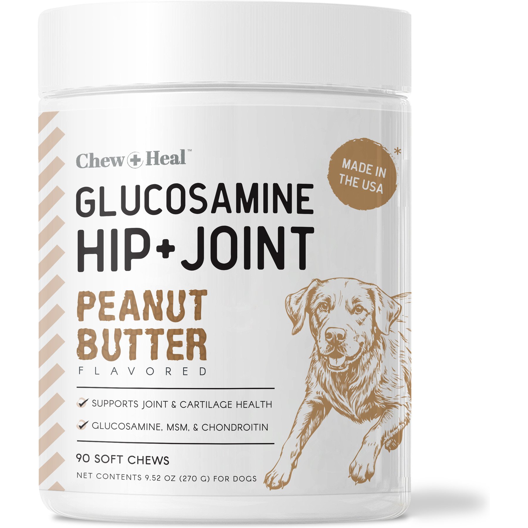 Chew + Heal Glucosamine Hip + Joint Peanut Butter Flavored Soft Chew Joint Supplement for Dogs, 90 count