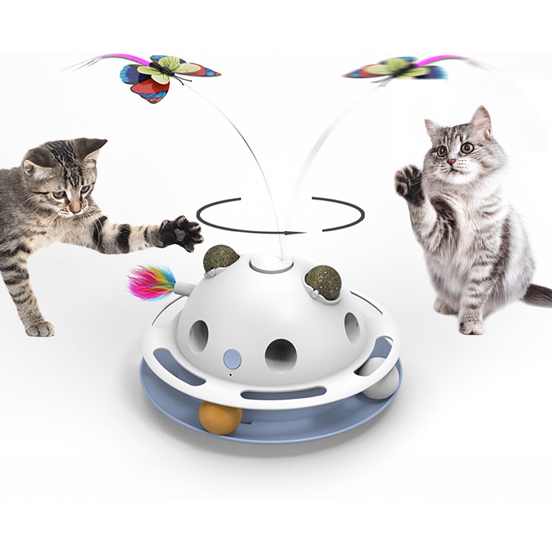 PawsPik Feather Frenzy 4-Function Interactive Cat Toy with Catnip Balls, White