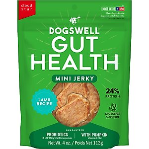 Dogswell Gut Health Mini Jerky Lamb Recipe Grain-Free Dog Treats, 4-oz bag