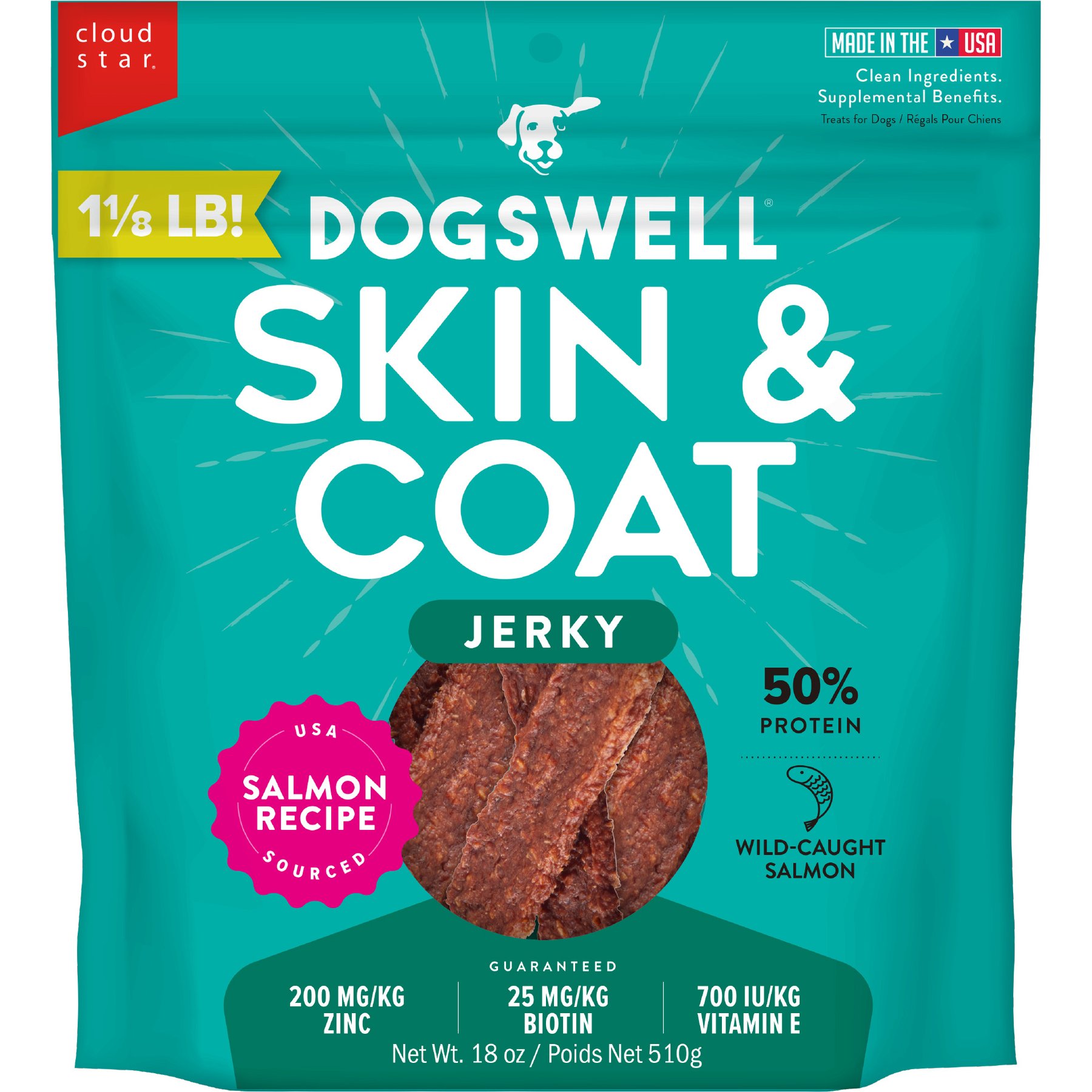Dogswell Skin & Coat Jerky Salmon Recipe Grain-Free Dog Treats, 18-oz bag