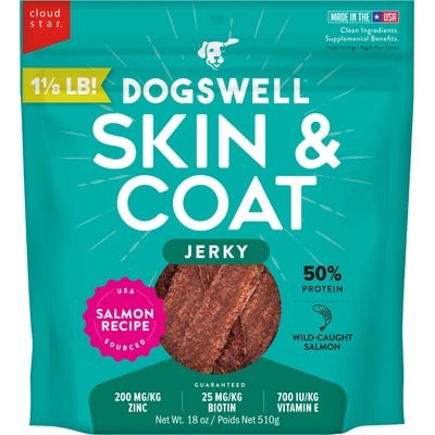 Dogswell Dogswell Skin & Coat Jerky Salmon Recipe Grain-Free Dog Treats, 18-oz bag