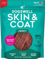 Dogswell Skin & Coat Jerky Salmon Recipe Grain-Free Dog Treats, 10-oz bag