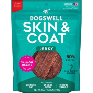 Dogswell Skin & Coat Jerky Salmon Recipe Grain-Free Dog Treats, 10-oz bag
