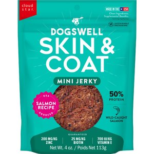 Dogswell Skin & Coat Mini Jerky Salmon Recipe Grain-Free Dog Treats, 4-oz bag