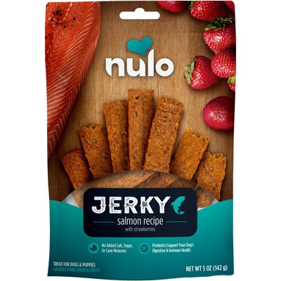 Nulo Nulo Premium Jerky Strips Dog Treats, Grain-Free High Protein Salmon with Strawberry Jerky Strips made with BC30 Probiotic to Support Digestive & Immune Health Dog Treats, 5-oz bag