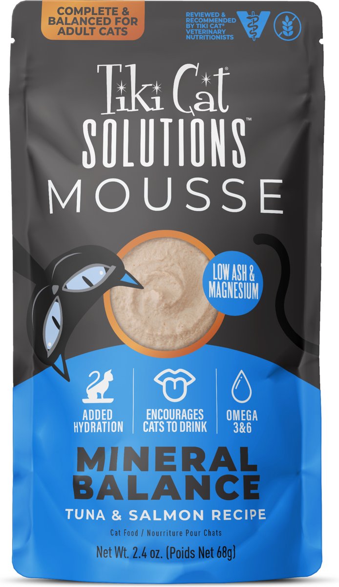 Tiki Cat Solutions Mousse Mineral Balance Tuna & Salmon Recipe Grain-Free Wet Cat Food, 2.4-oz pouch, case of 12