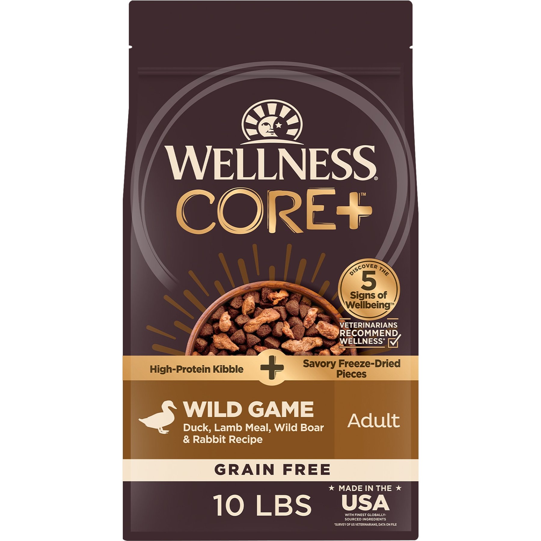 Wellness CORE+ with Freeze-Dried Pieces Adult Grain-Free High-Protein Natural Wild Game Dry Dog Food, 10-lb bag