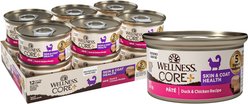 Wellness CORE+ Skin & Coat Duck & Chicken Natural Grain-Free Pate Wet Cat Food, 2.8-oz can, case of 12