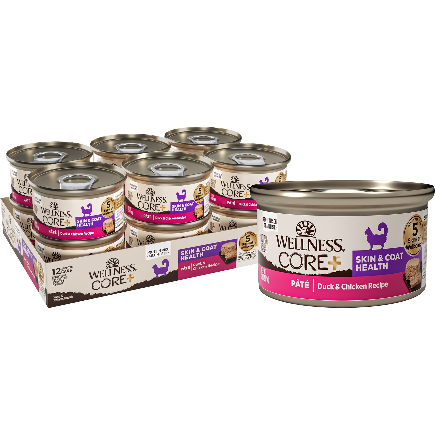 Wellness CORE+ Skin & Coat Pate Duck & Chicken Natural Grain-Free Wet Cat Food, 2.8-oz can, case of 12