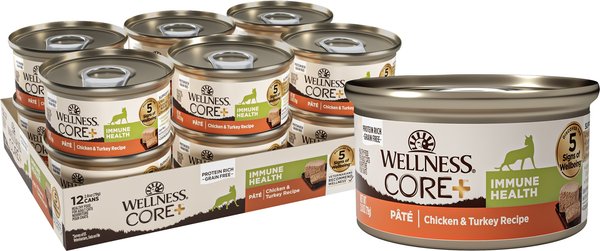 Wellness CORE+ Immune Health Chicken & Turkey Natural Grain-Free Pate Wet Cat Food, 2.8-oz can, case of 12