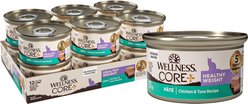 Wellness CORE+ Healthy Weight Chicken & Tuna Natural Grain-Free Pate Wet Cat Food, 2.8-oz can, case of 12