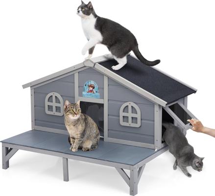 Show full view: Coziwow Wooden Outdoor Cat House with Balcony, Grey slide 9 of 11