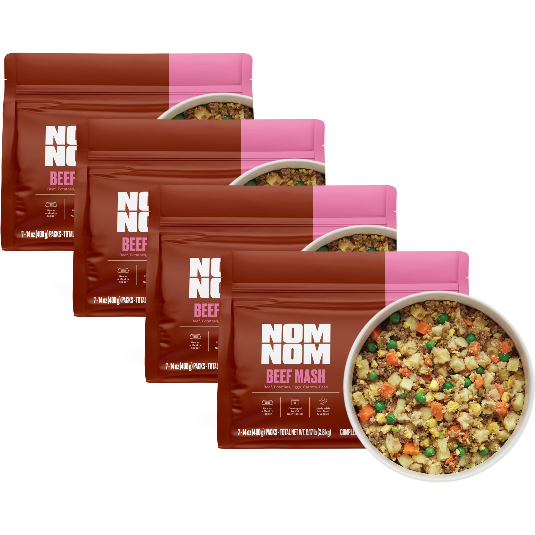 Nom Nom Freshly-Made Frozen Grain-Free Beef Mash Dog Food, 14-oz pouch, bundle of 28