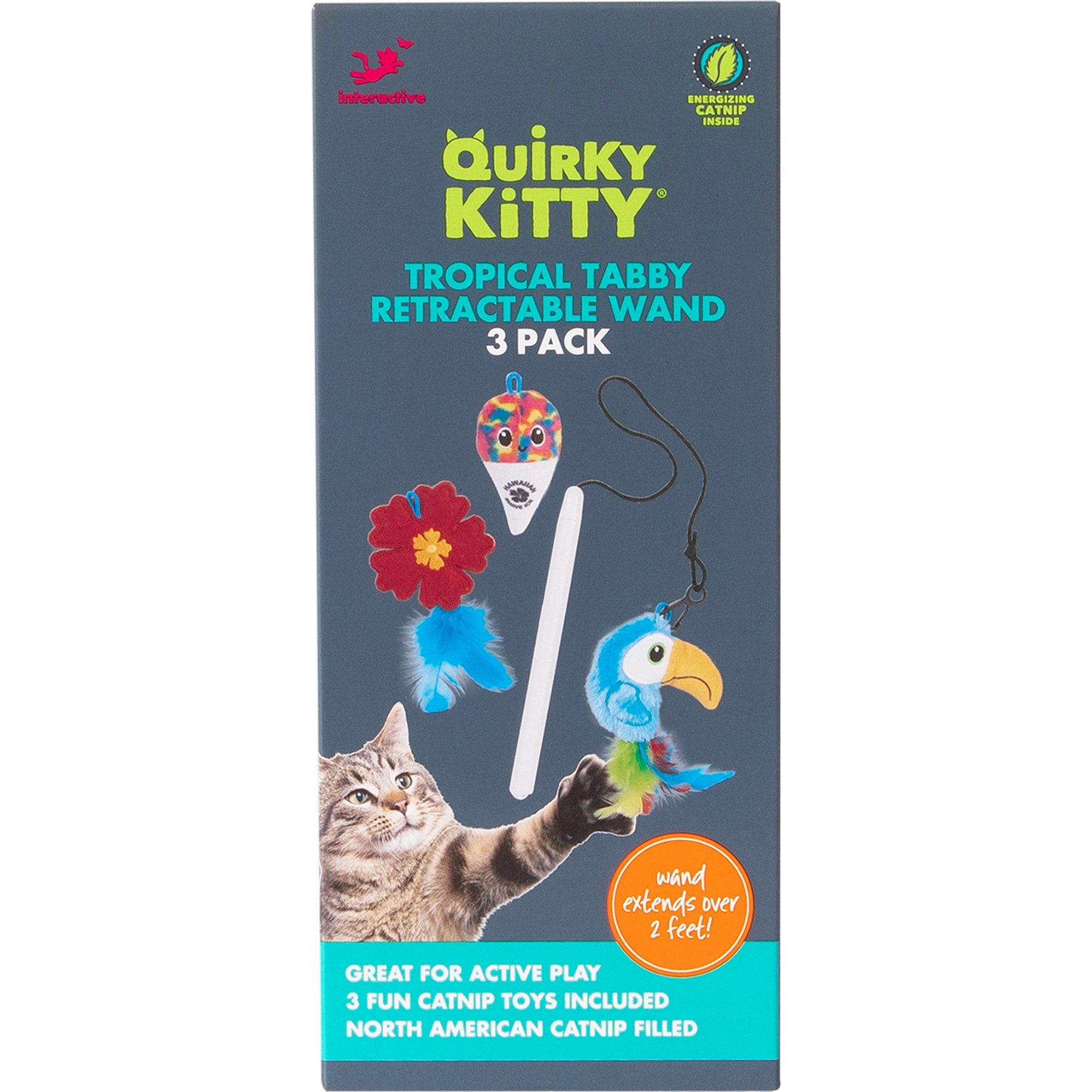 Quirky Kitty Tropical Tabby Retractable Wand Cat Toy, 3 count