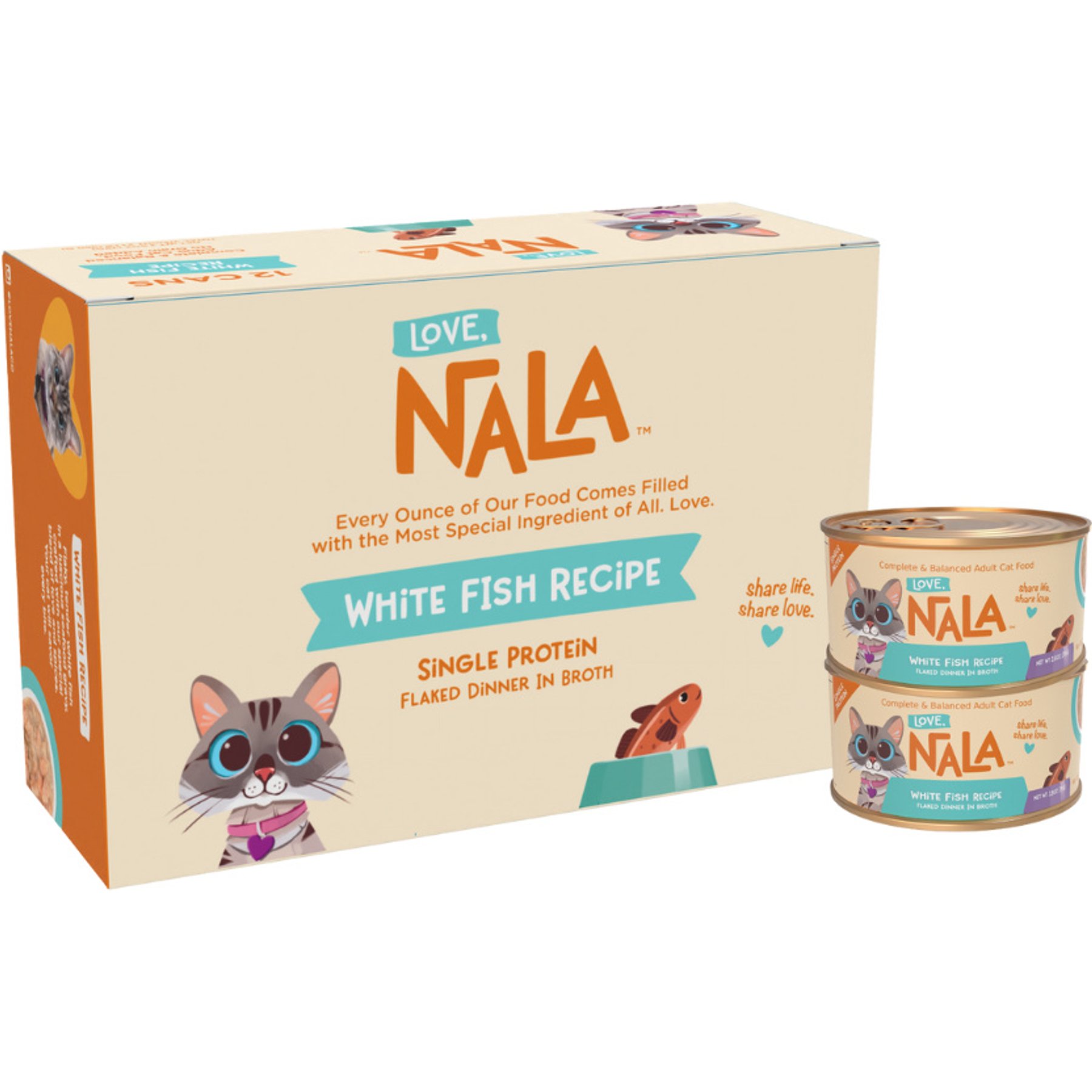 Love, Nala Single Protein Flaked Ocean White Fish Recipe in Broth Adult Wet Cat Food, 2.8-oz can, case of 12