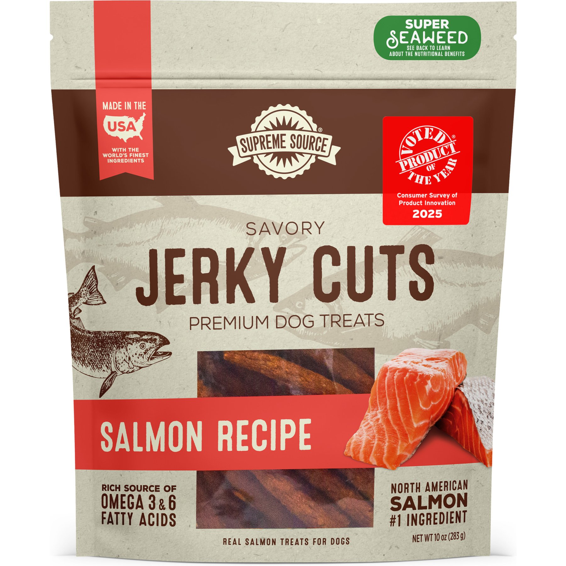 Supreme Source Savory Jerky Cuts Salmon Recipe Jerky Dog Treats, 10-oz bag