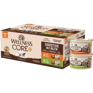 Wellness CORE+ Digestive Health Chicken & Turkey Pate Variety Pack Grain-Free Natural Wet Cat Food, 3-oz can, case of 12