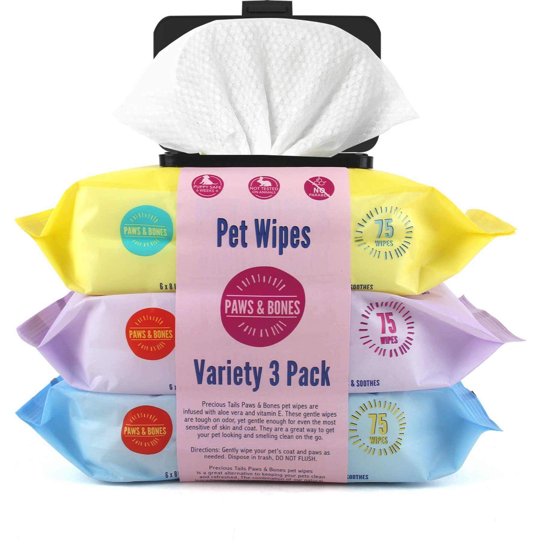 PAWS & BONES Vanilla, Coconut & Lavender Dog & Cat Grooming Wipes, 3 count