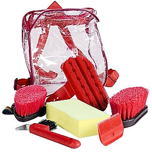 Horze Soft Grip Horse Grooming Backpack Set, Red