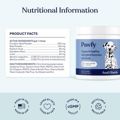 Show full view: Pawfy Anal Gland Peanut Butter Flavored Supplement for Dogs, 30 count slide 5 of 9