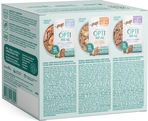 Show full view: Optimeal Digestive Indoor Health Chicken, Beef, Shrimp Variety Pack Grain-Free Wet Cat Food, 3-oz pouch, case of 12 slide 3 of 8