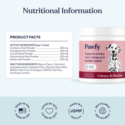 Show full view: Pawfy Bacon Flavored Urinary & Bladder Soft Chew Supplement for Dogs, 30 count slide 5 of 9