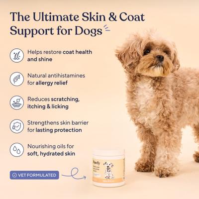 Show full view: Pawfy Turkey & Bacon Flavored Chew Skin & Coat Supplement for Dogs, 30 count slide 3 of 8