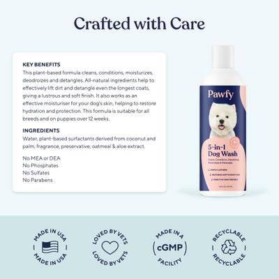 Show full view: Pawfy 5-in-1 Coconut & Aloe Vera Dog Shampoo, 16-fl oz bottle slide 4 of 8