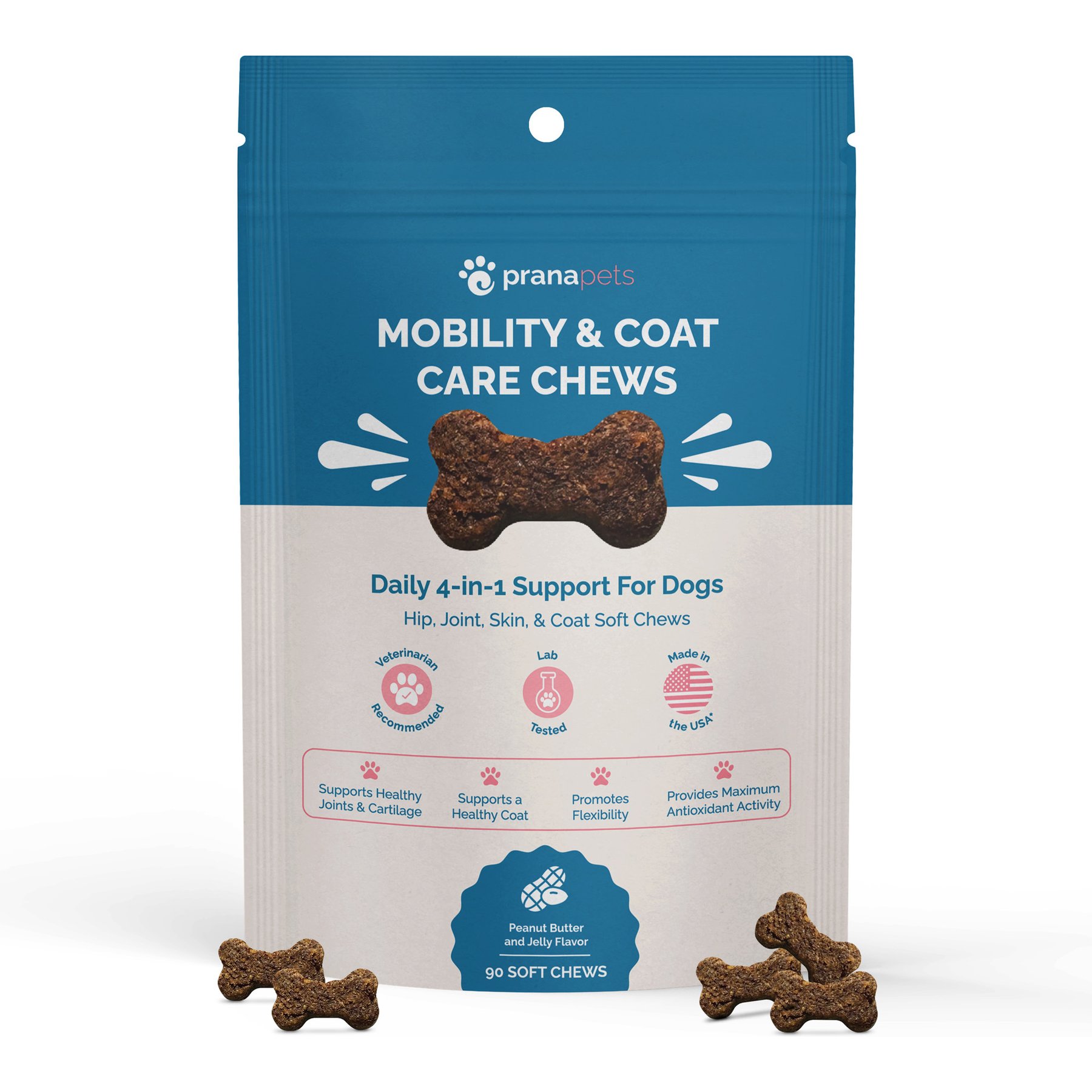 Prana Pets Mobility & Coat Care Chews Joint Supplement for Dogs, 90 count bag